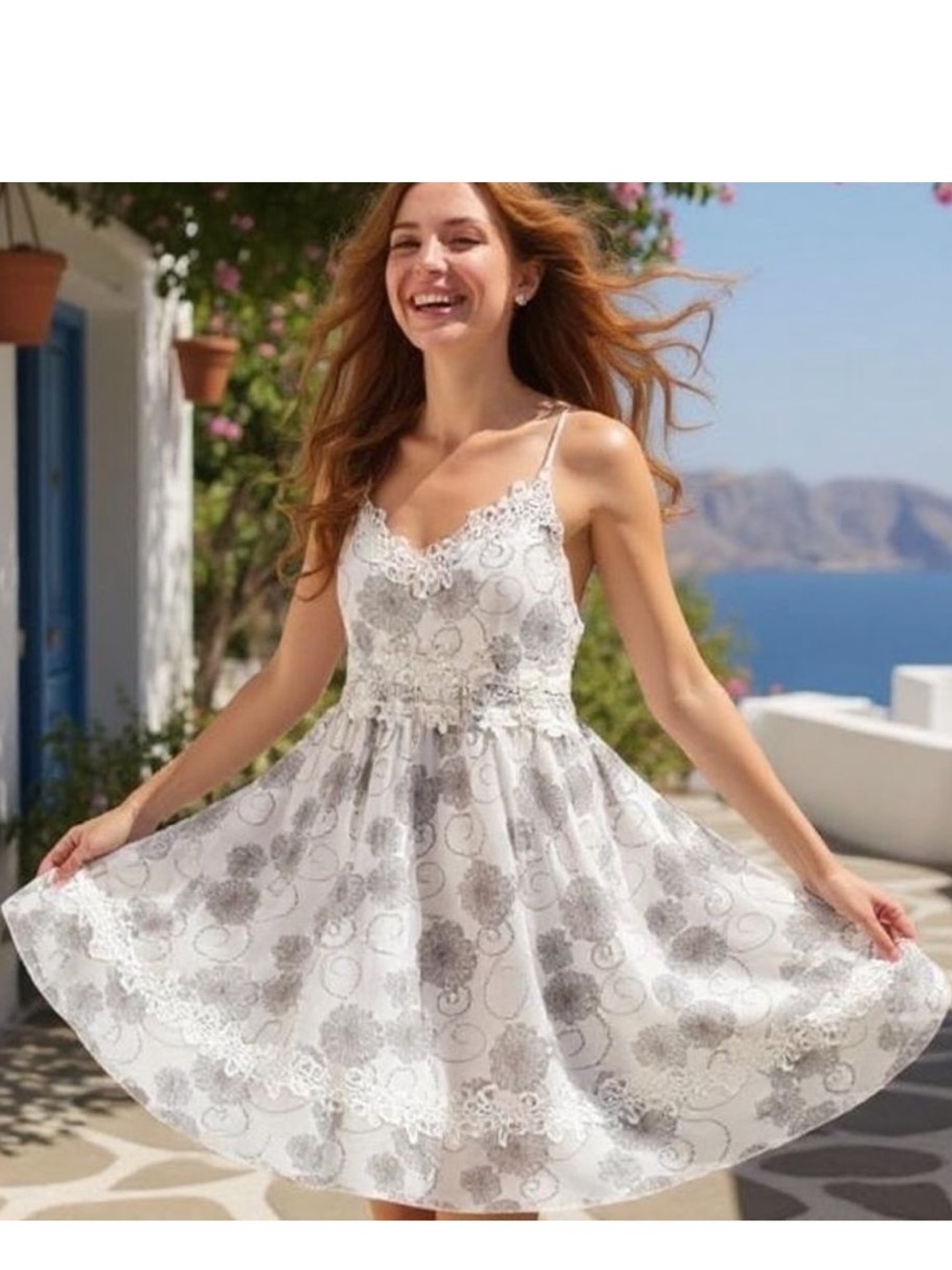 J Gee White & Gray Lace Boho Mini Dress, sz L, 20” PTP, 36” L